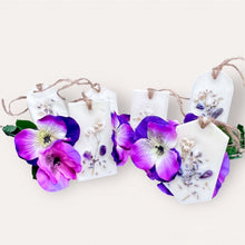 Load image into Gallery viewer, Summer Fields Sachets by Pure Essence Scent-white scented wax decorated with dried botanicals and pebbles for decoration, and twine loop for hanging.