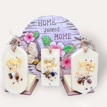 Load image into Gallery viewer, Cozy Nights Sachets by Pure Essence Scent-white scented wax decorated with ground coffee and pebbles for decoration, and twine loop for hanging.