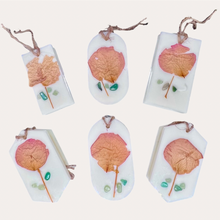 Load image into Gallery viewer, Fruity Apricot Sachets by Pure Essence Scent-white scented wax decorated with dried botanicals and pebbles for decoration, and twine loop for hanging.