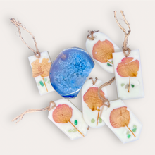 Load image into Gallery viewer, Fruity Apricot Sachets by Pure Essence Scent-white scented wax decorated with dried botanicals and pebbles for decoration, and twine loop for hanging.