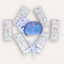 Load image into Gallery viewer, Seaside Oasis Wax Melts by Pure Essence Scent—white scented wax decorated with dried botanicals and decorative pebbles.