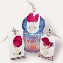 Load image into Gallery viewer, Lovely Garden Sachets by Pure Essence Scent-white scented wax decorated with dried botanicals and pebbles for decoration, and twine loop for hanging.