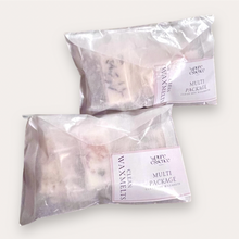 Load image into Gallery viewer, Two glassine bags of Multi Package Wax Melts by Pure Essence Scent-white labels, showing the product name and info like clean soy wax melts, with visible wax melts inside.